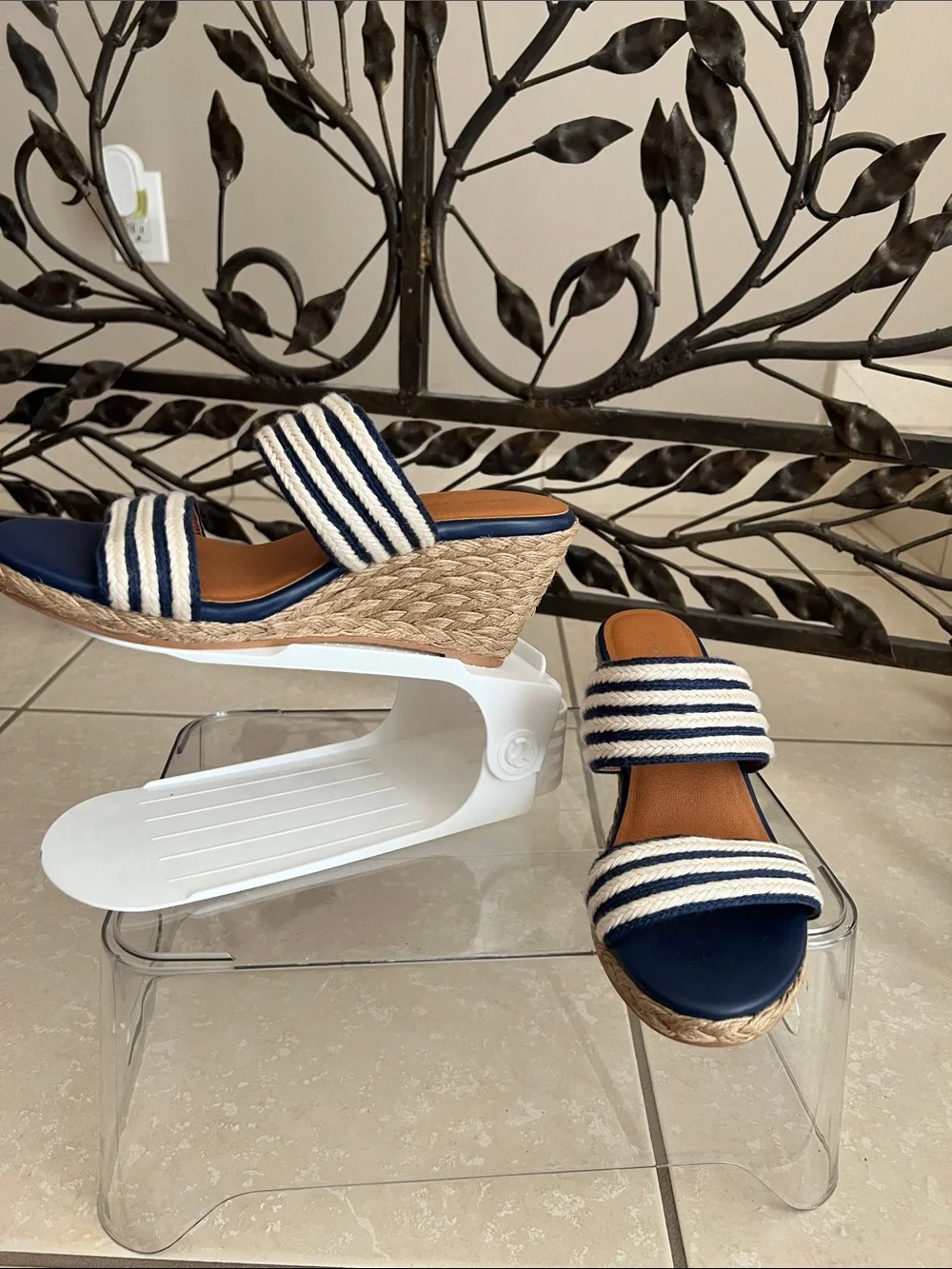 Andre Assous Navy and Cream Striped Wedge Sandals